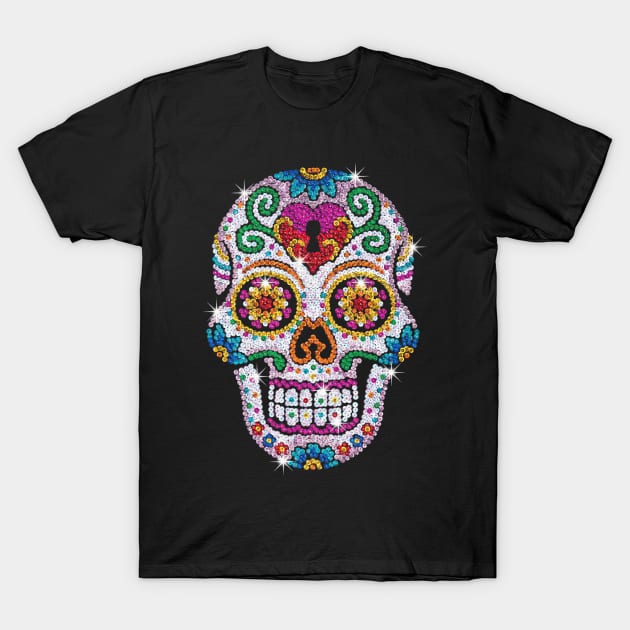 Diamond Bling Shiny Sugar Skull Diamond Skull T-Shirt by ANGELA2-BRYANT